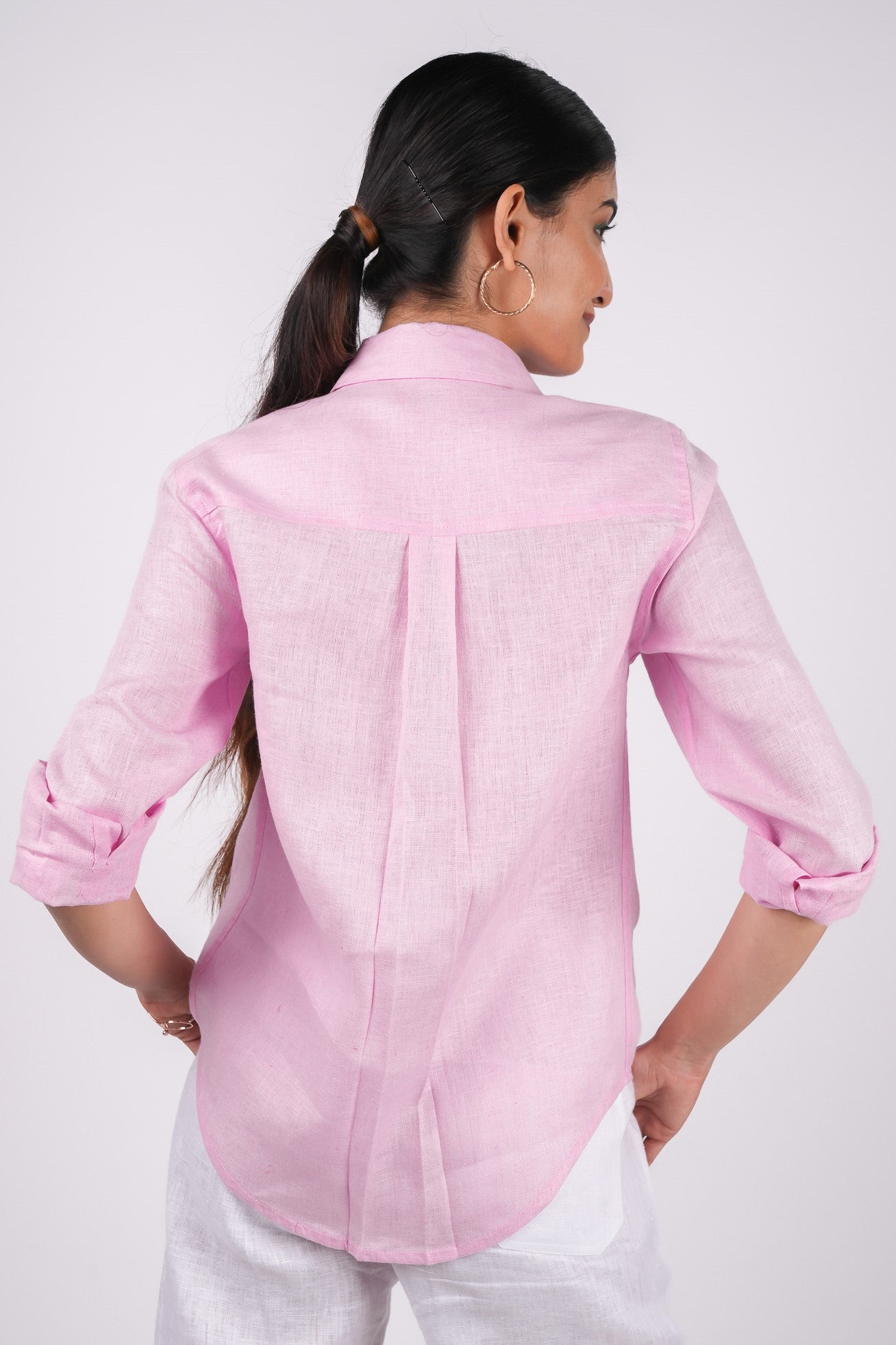 Baby Pink Linen Shirt | Regular Collar | Full Sleeves | Wooden Button | Pink Linen Shirt for Women | Linen Shirt for Women | Pink Shirt for Women | Pink Shirt with Full Sleeves | Linin | Linen Fabric | Pink Linen Fabric | Premium Linen | Pure Linen | back Profile of the shirt