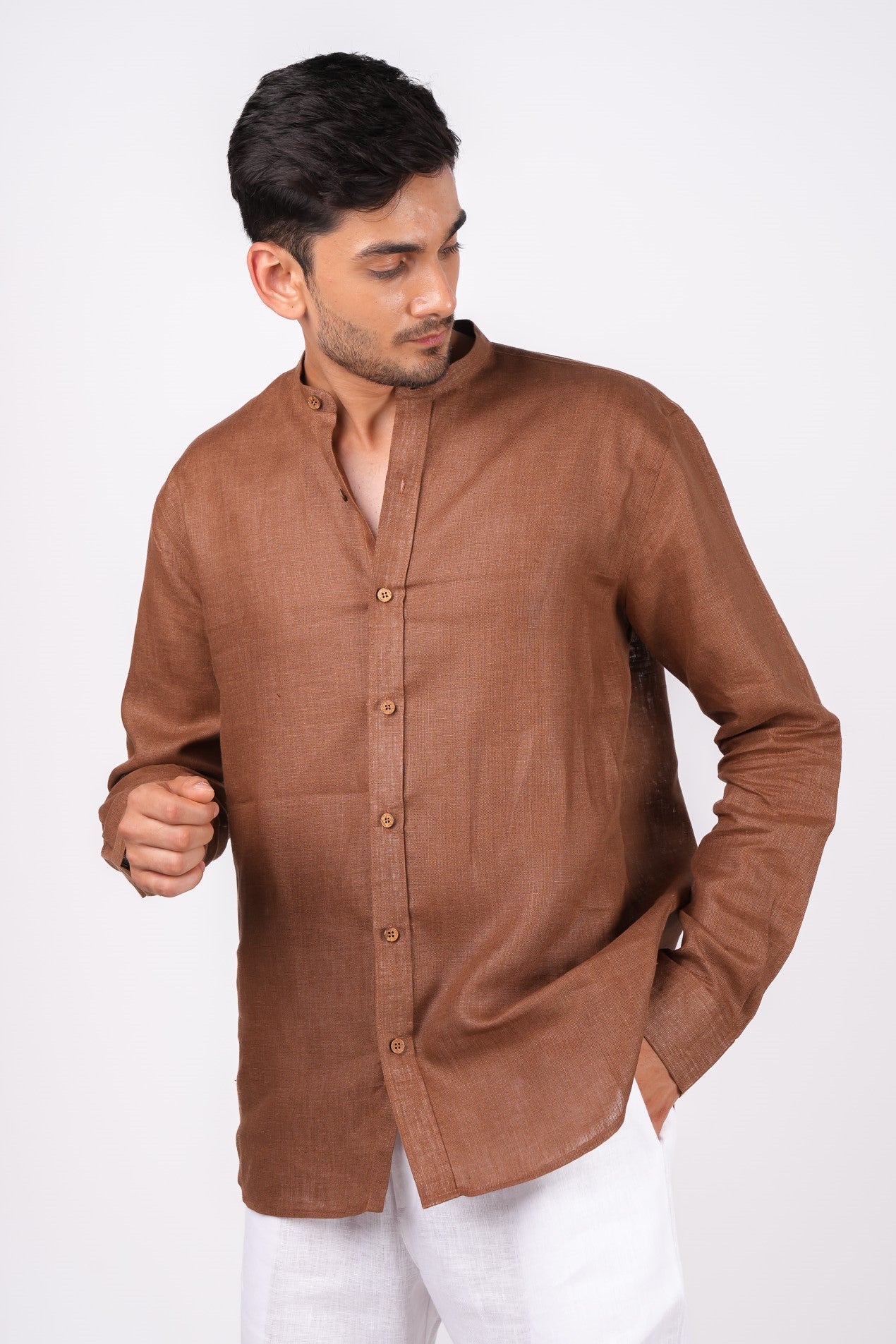 Mocha Brown Chinese Collar Shirt