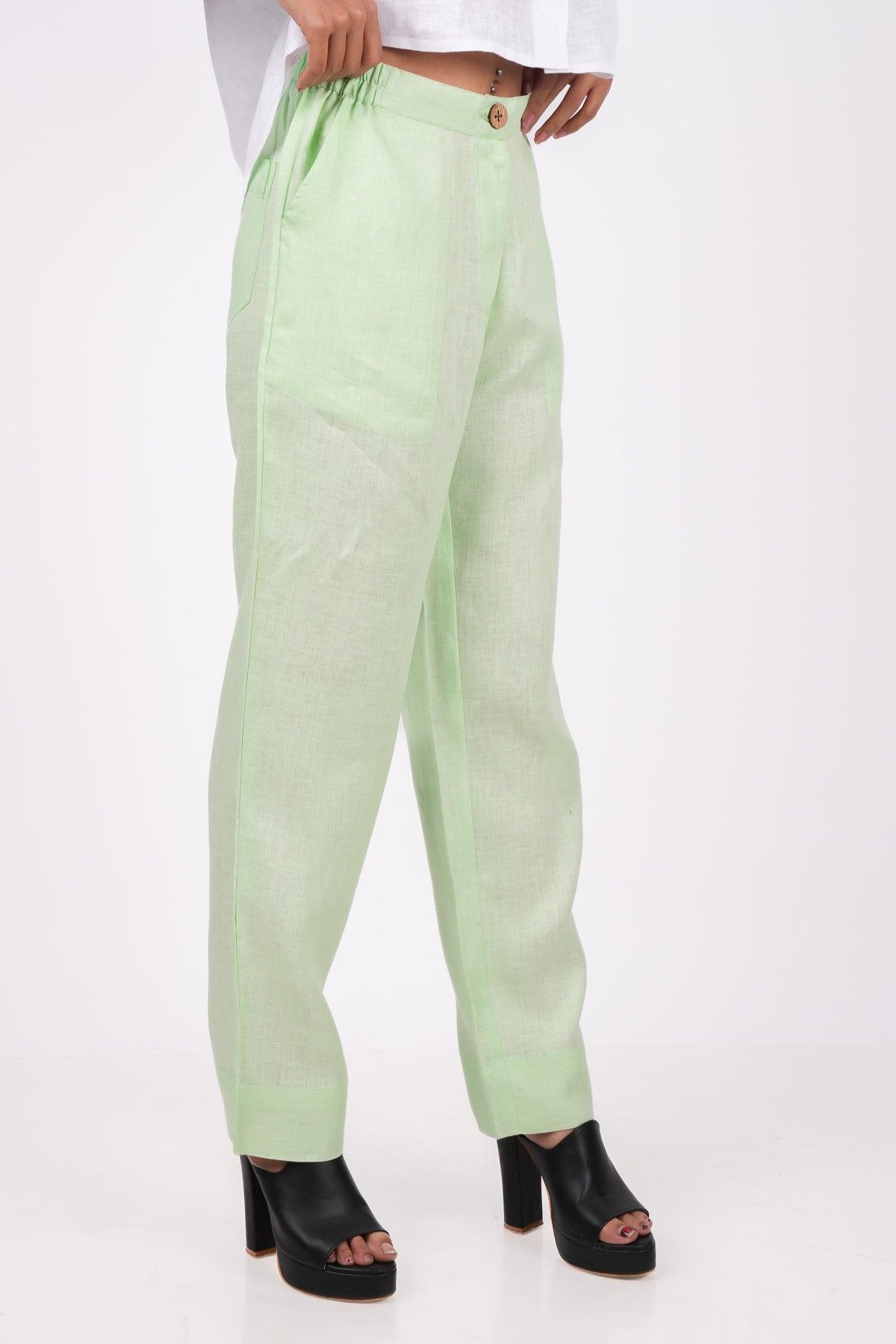 Kiwi Green Flat Front Linen Pants