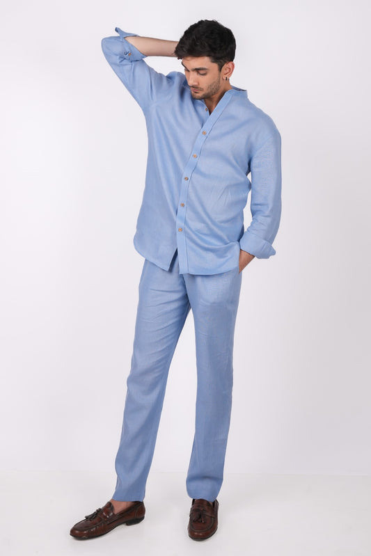 Ocean Blue Co-ord Set- Includes Pair of Pants and Chinese Collar shirt