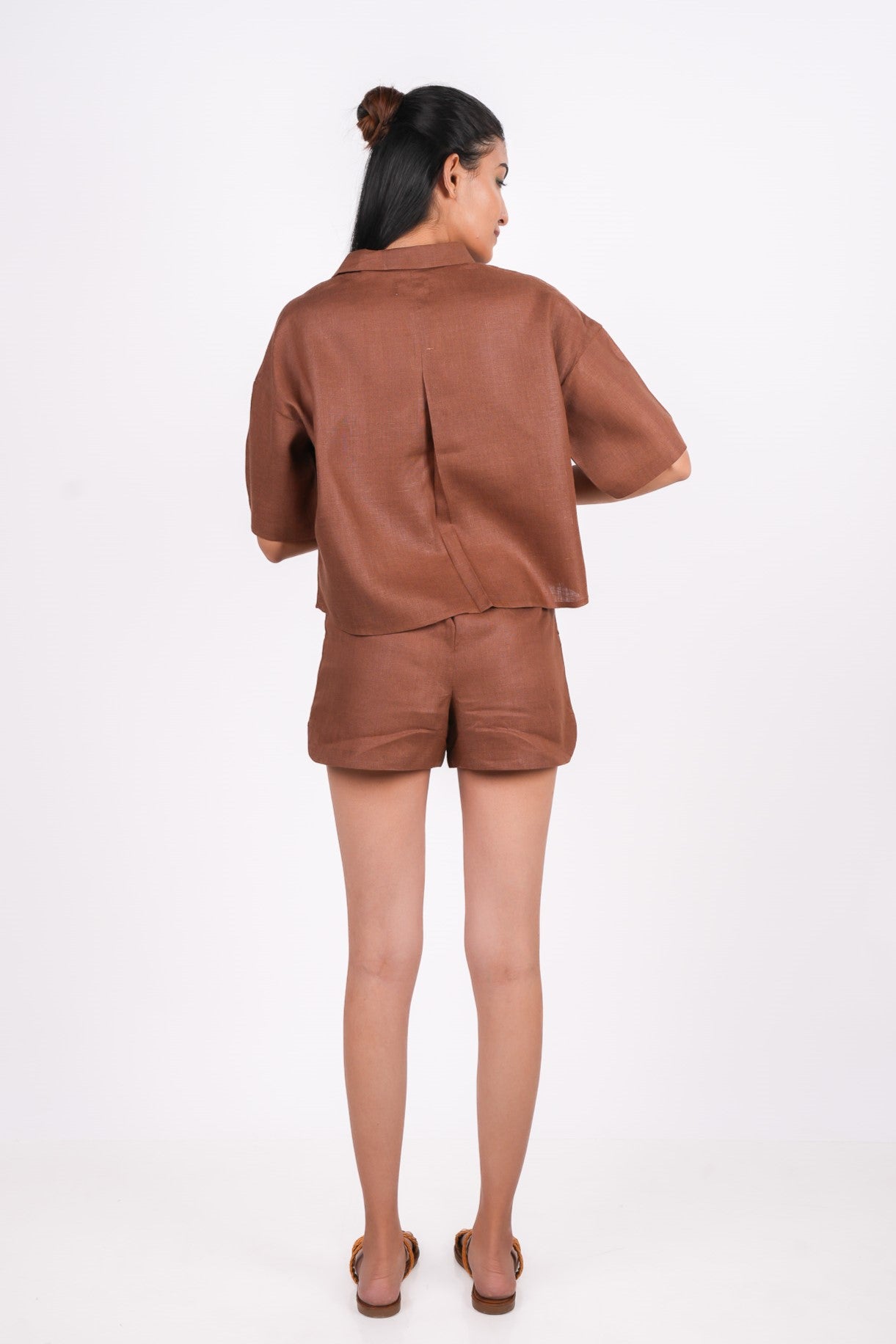 Mocha Brown Linen Co-Ord Set - Includes Pair of Shorts and Half Sleeves Drooping Shoulder Shirt