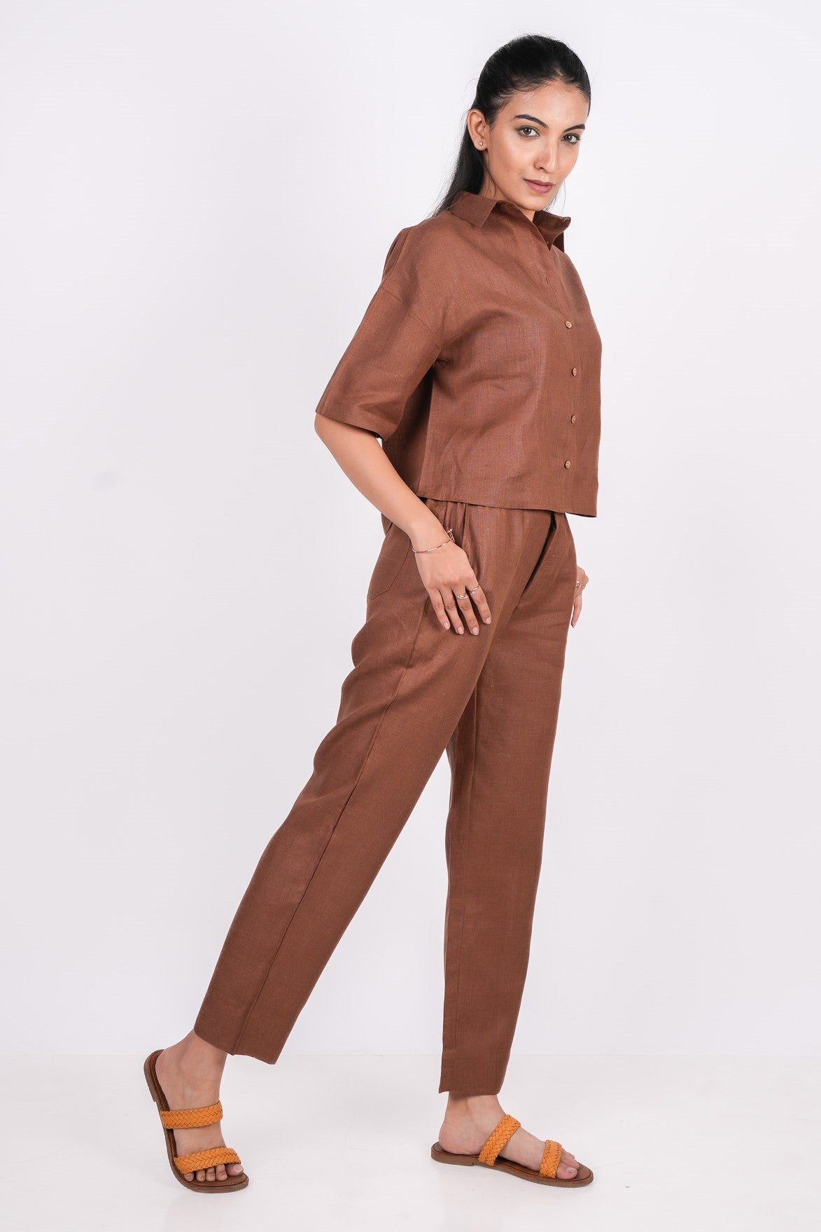 Mocha Brown Linen Co-Ord Set - Includes Pair of Pants and Half Sleeves Drooping Shoulder Shirt