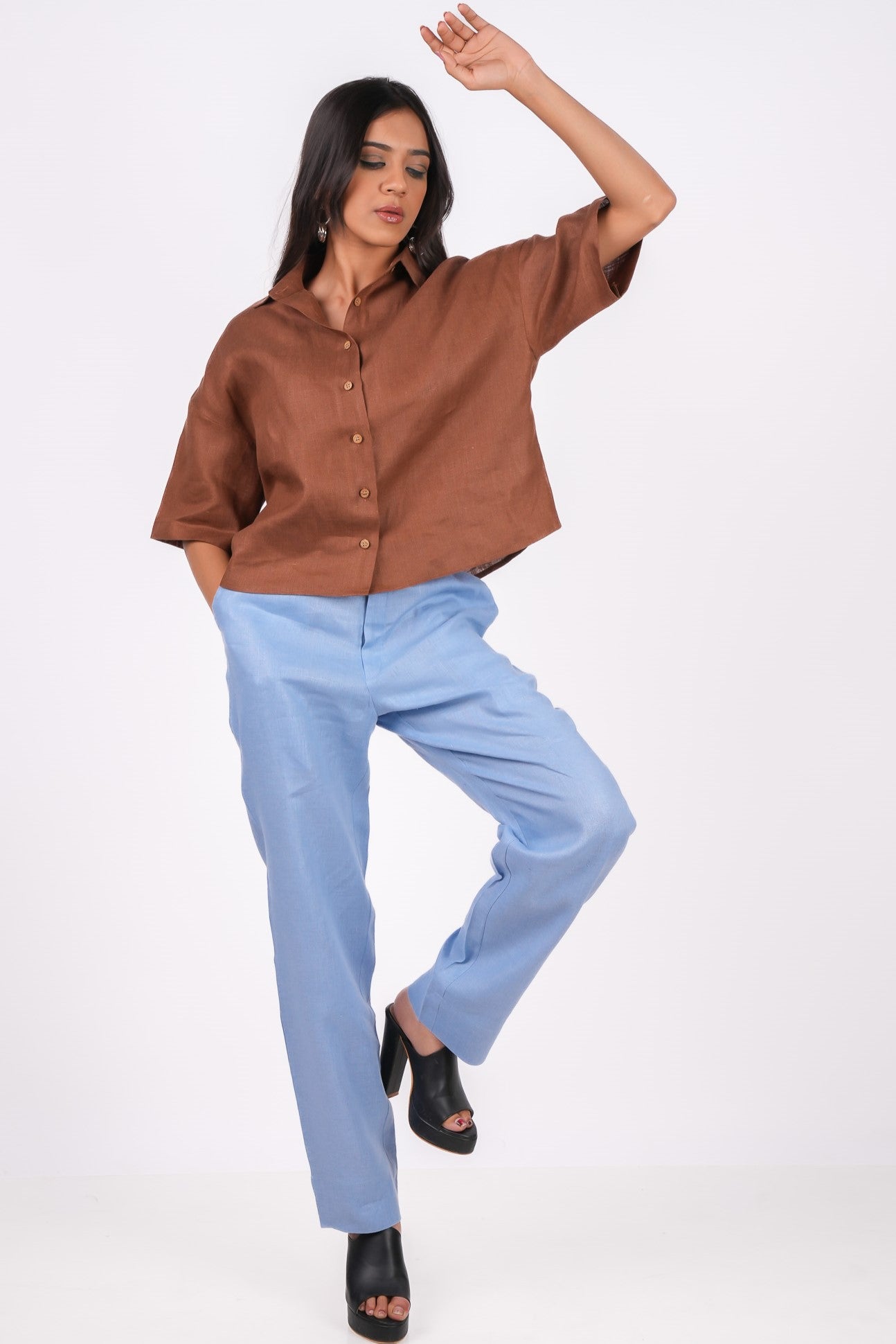 Ocean Blue Flat Front Linen Pants