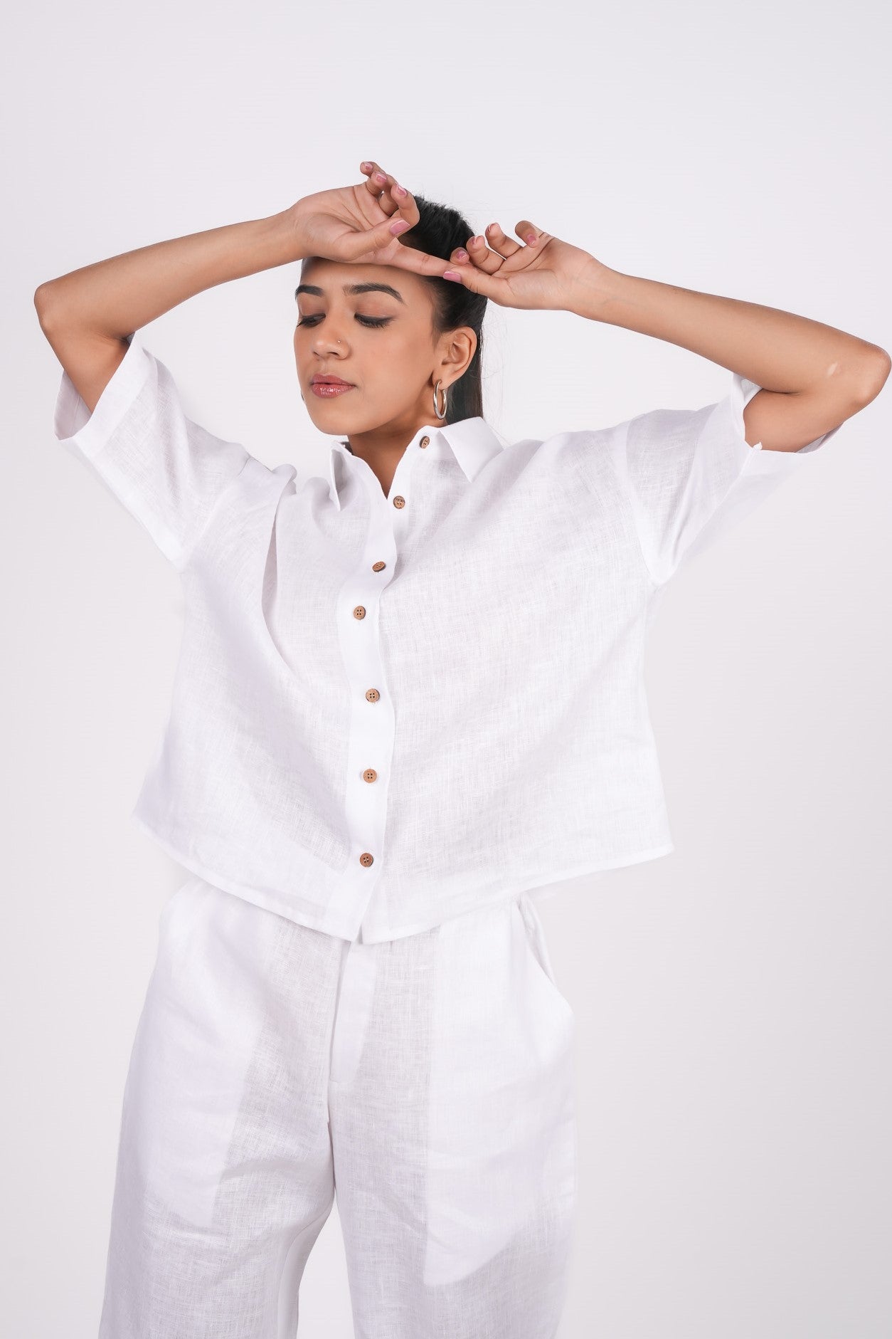 Pearl White Linen Co-Ord Set - Includes Pair of Pants and Half Sleeves Drooping Shoulder Shirt