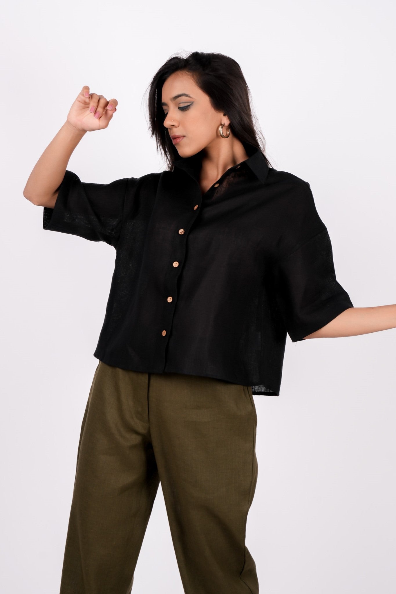 Midnight Black Linen Drooping Shoulder Shirt