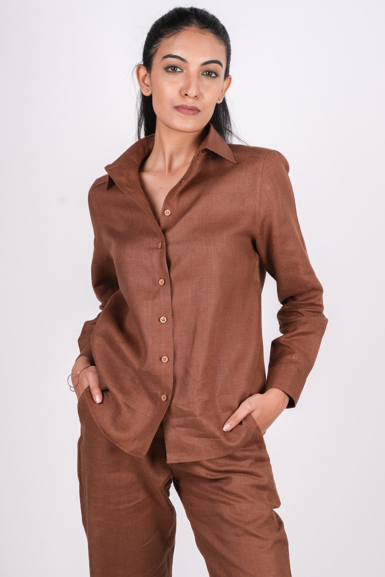 Mocha Brown Linen Co-Ord Set - Includes Pair of Pants and Full Sleeves Shirt