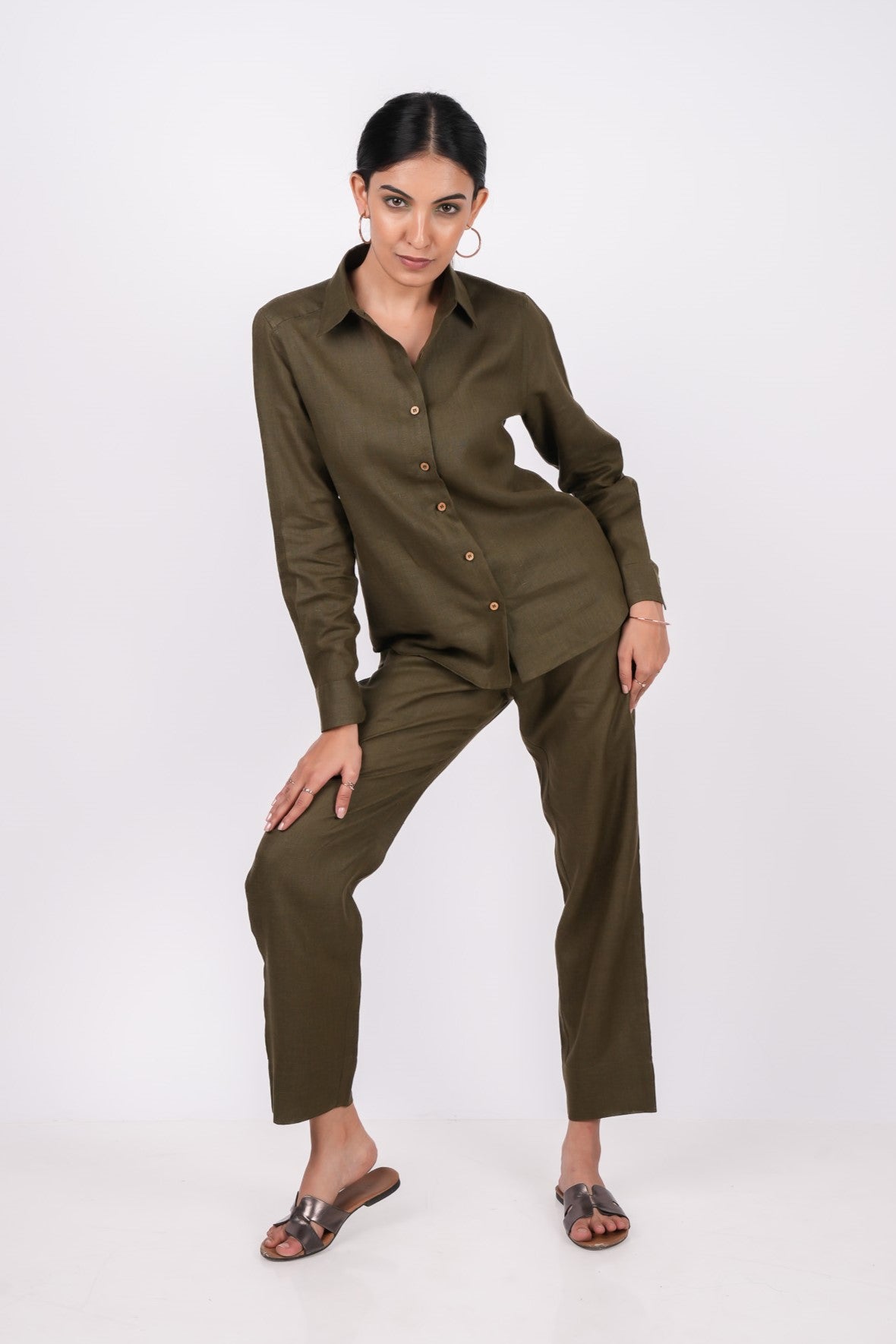 Forest Green Linen Co-Ord Set - Includes Pair of Pants and Full Sleeves Shirt