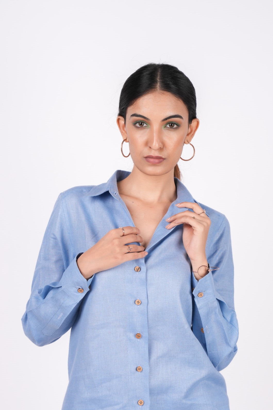 Ocean Blue Full Sleeves Spread Collar Linen Shirt