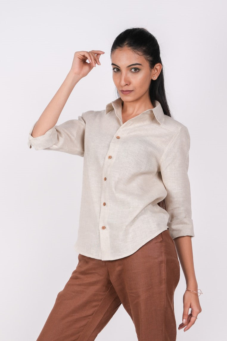 Earthy Natural Full Sleeves Spread Collar Linen Shirt