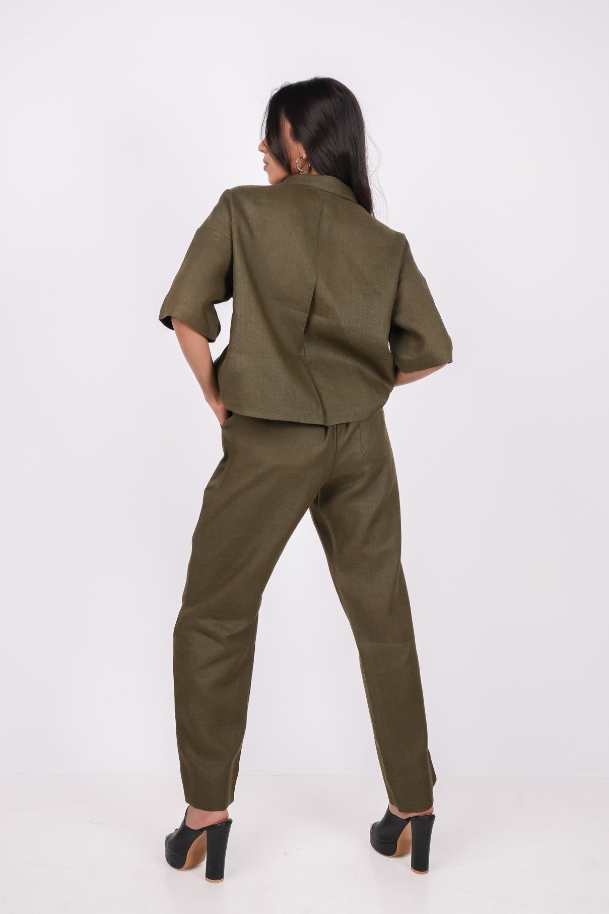 Forest Green Linen Co-Ord Set - Includes Pair of Pants and Half Sleeves Drooping Shoulder Shirt