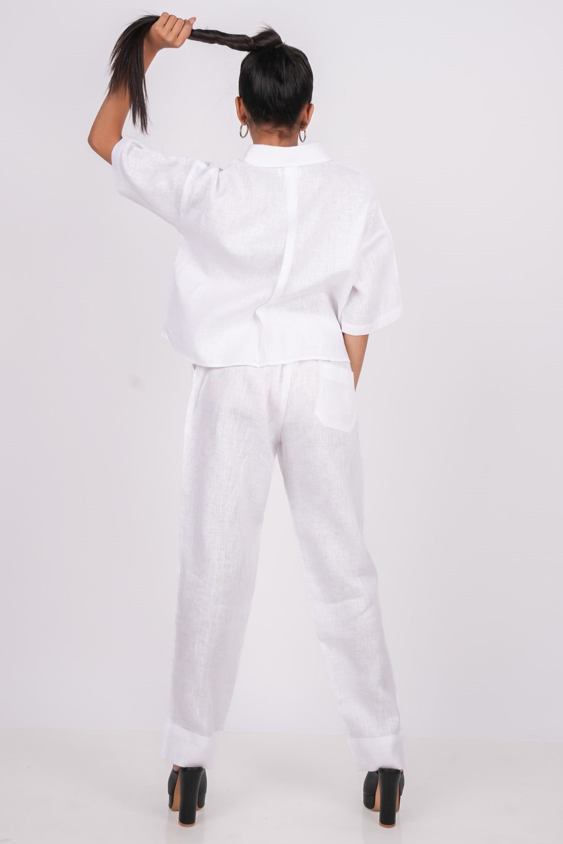 Pearl White Linen Co-Ord Set - Includes Pair of Pants and Half Sleeves Drooping Shoulder Shirt