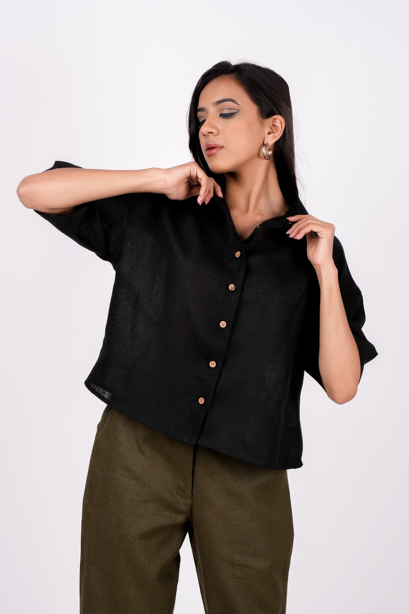 Midnight Black Linen Drooping Shoulder Shirt