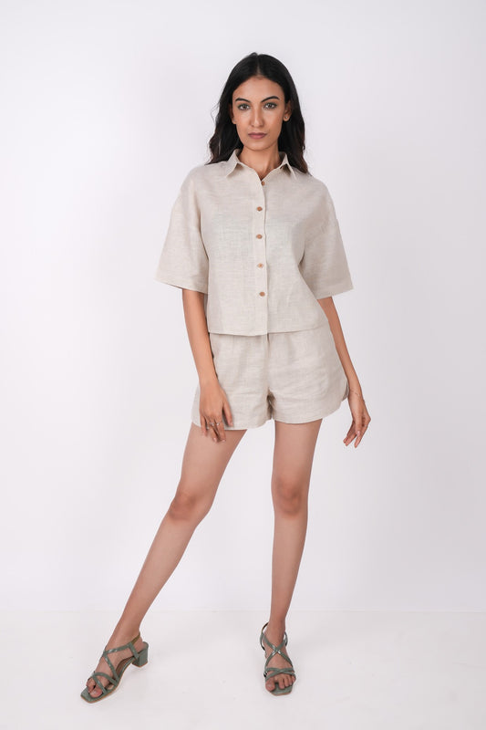 Earthy Natural Linen Co-Ord Set - Includes Pair of Shorts and Half Sleeves Drooping Shoulder Shirt