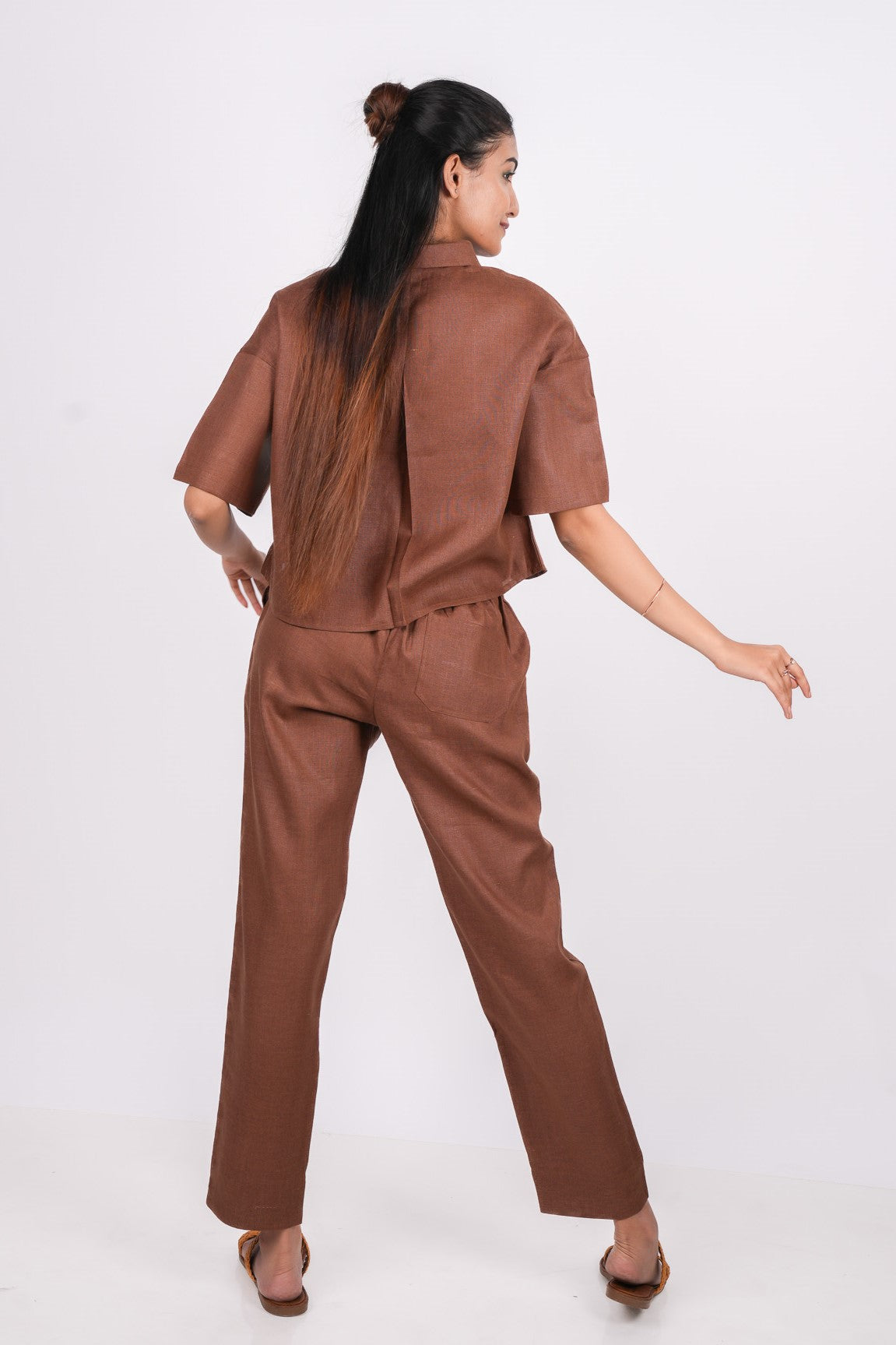 Mocha Brown Linen Co-Ord Set - Includes Pair of Pants and Half Sleeves Drooping Shoulder Shirt