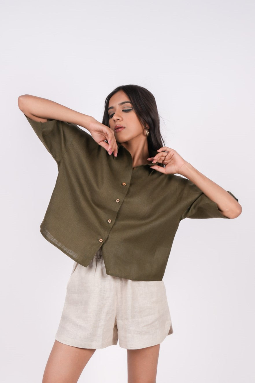 Forest Green Linen Drooping Shoulder Shirt