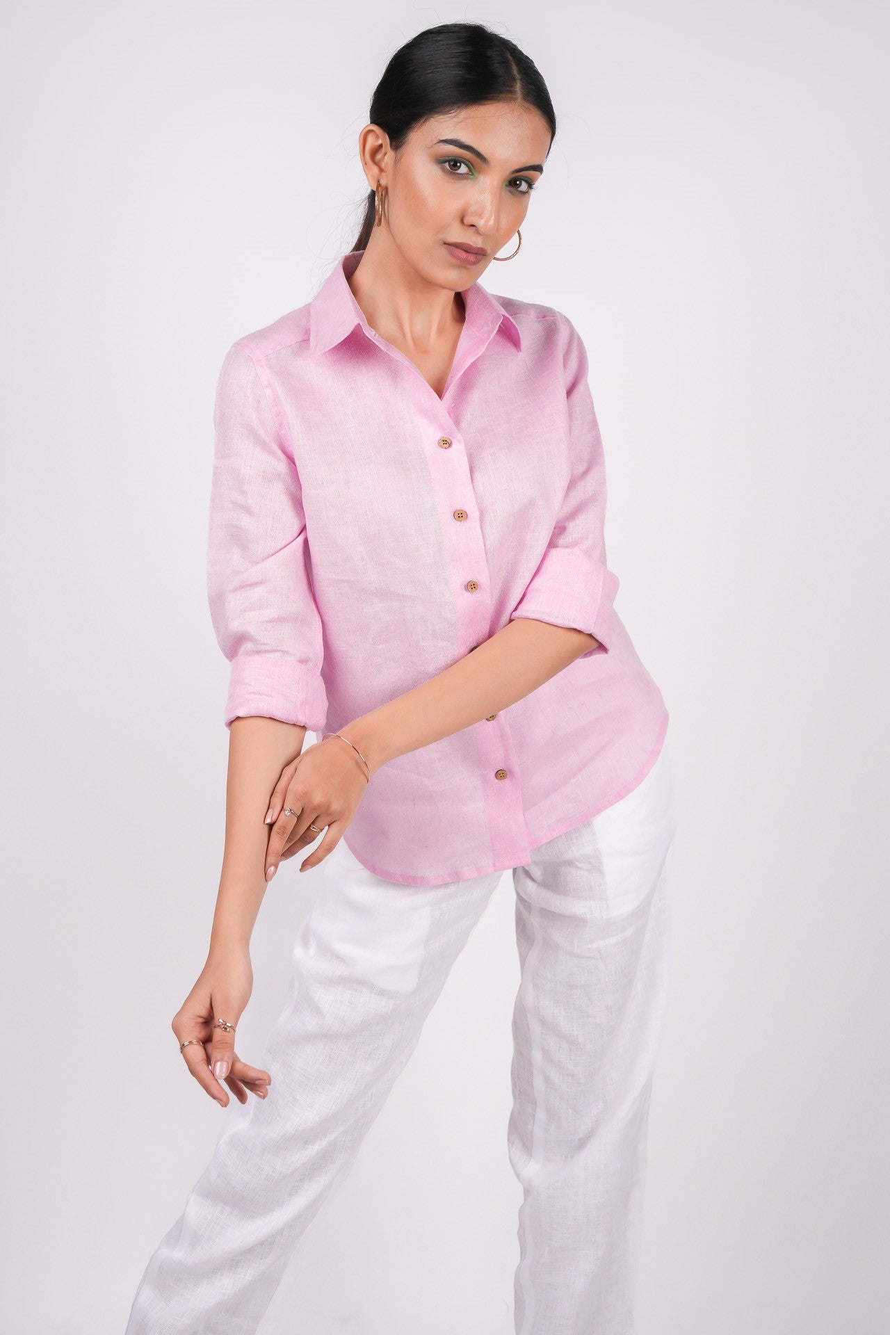 Baby Pink Linen Shirt | Regular Collar | Full Sleeves | Wooden Button | Pink Linen Shirt for Women | Linen Shirt for Women | Pink Shirt for Women | Pink Shirt with Full Sleeves | Linin | Linen Fabric | Pink Linen Fabric | Premium Linen | Pure Linen