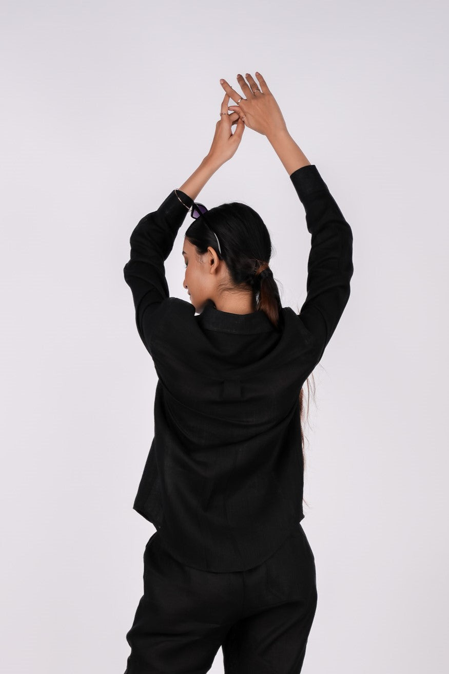 Midnight Black Full Sleeves Spread Collar Linen Shirt