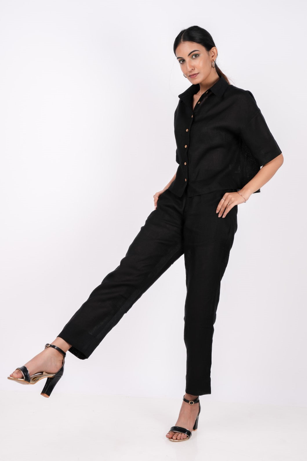 Midnight Black Linen Co-Ord Set - Includes Pair of Pants and Half Sleeves Drooping Shoulder Shirt