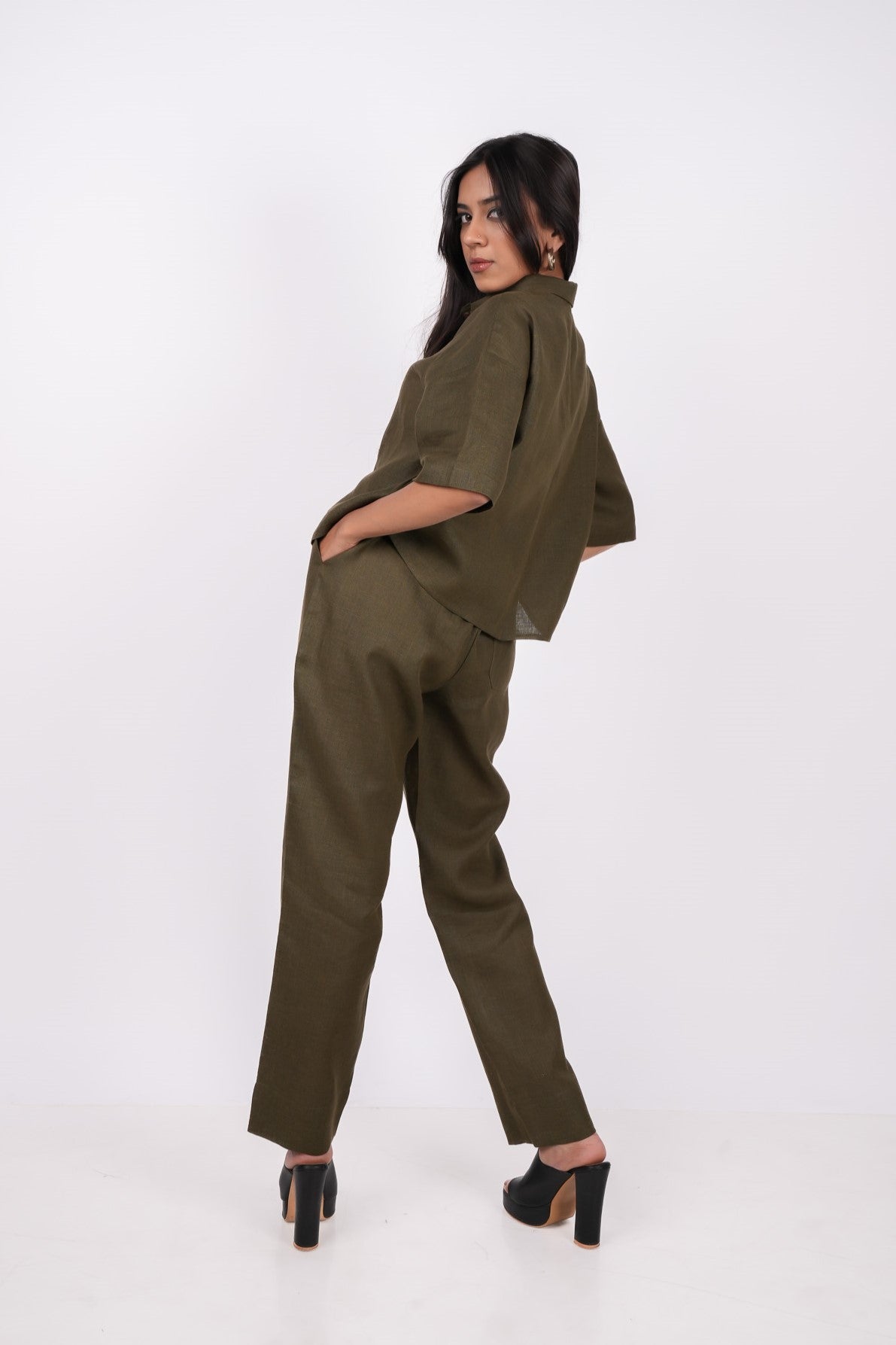 Forest Green Linen Co-Ord Set - Includes Pair of Pants and Half Sleeves Drooping Shoulder Shirt