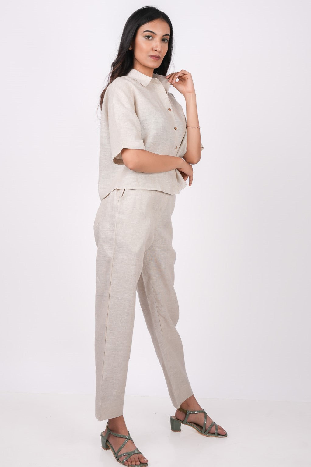 Earthy Natural Linen Co-Ord Set - Includes Pair of Pants and Half Sleeves Drooping Shoulder Shirt