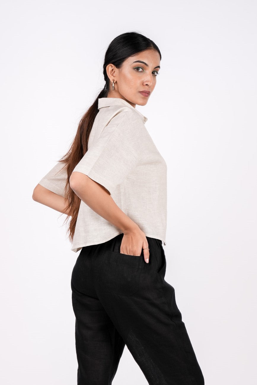 Earthy Natural Linen Drooping Shoulder Shirt