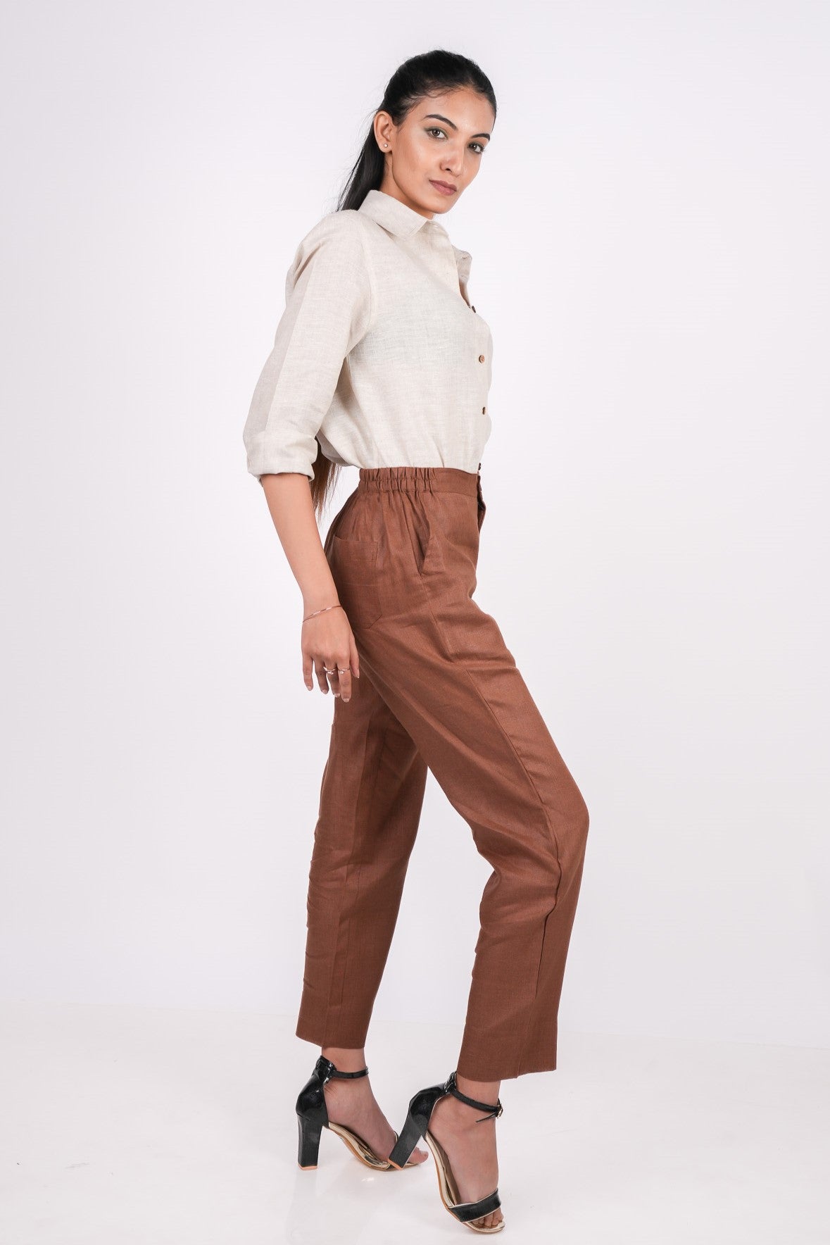 Mocha Brown Flat Front Linen Pants