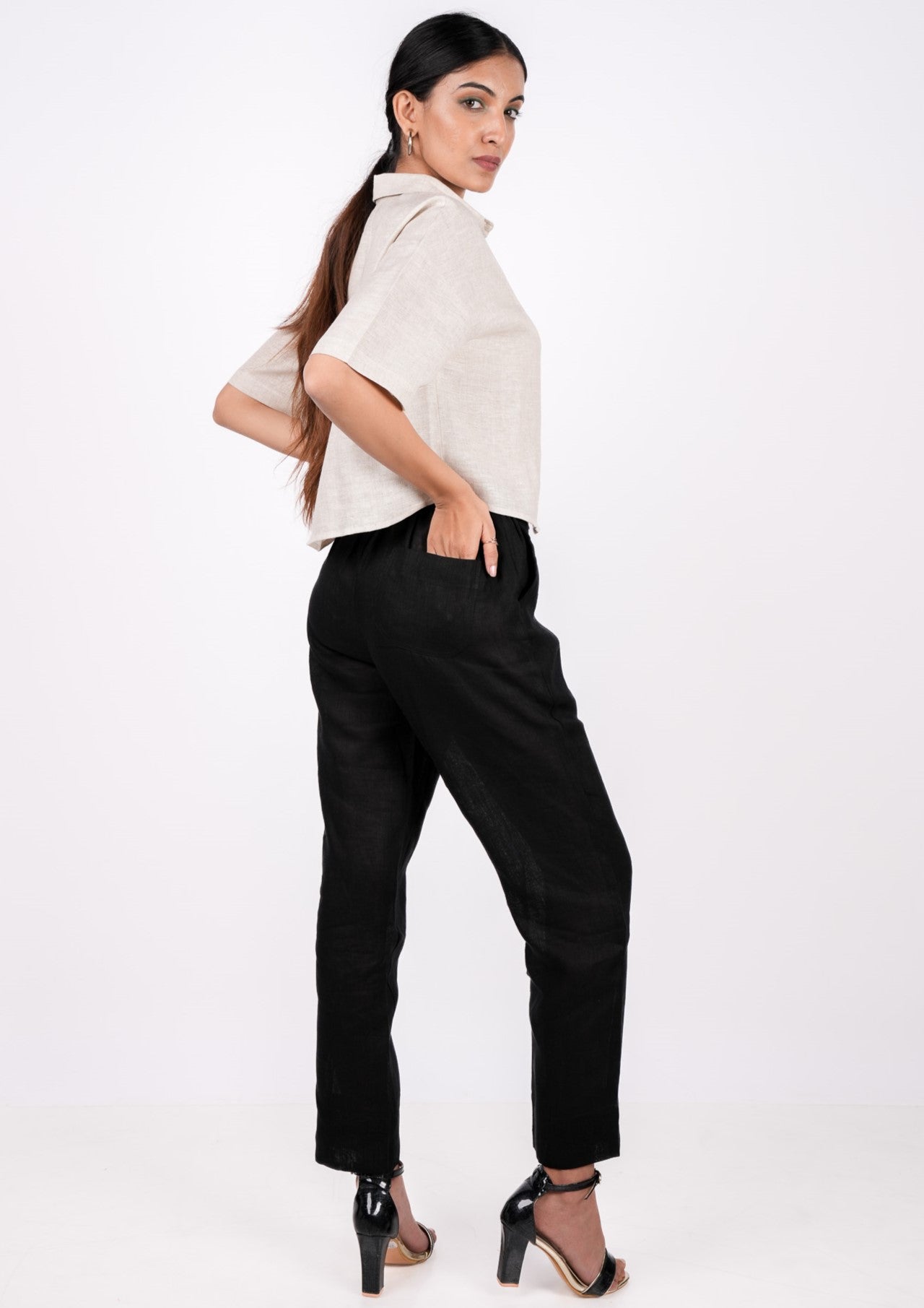 Midnight Black Flat Front Linen Pants