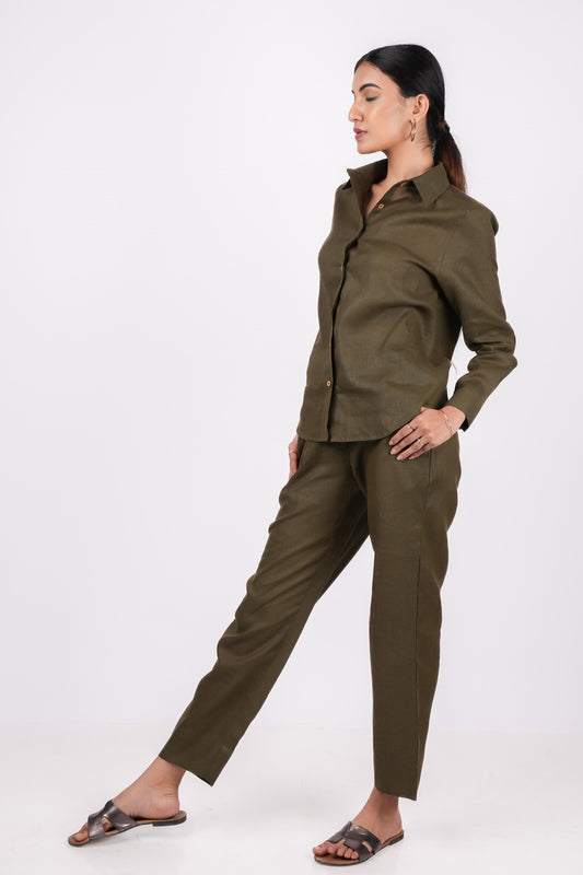 Forest Green Linen Co-Ord Set - Includes Pair of Pants and Full Sleeves Shirt