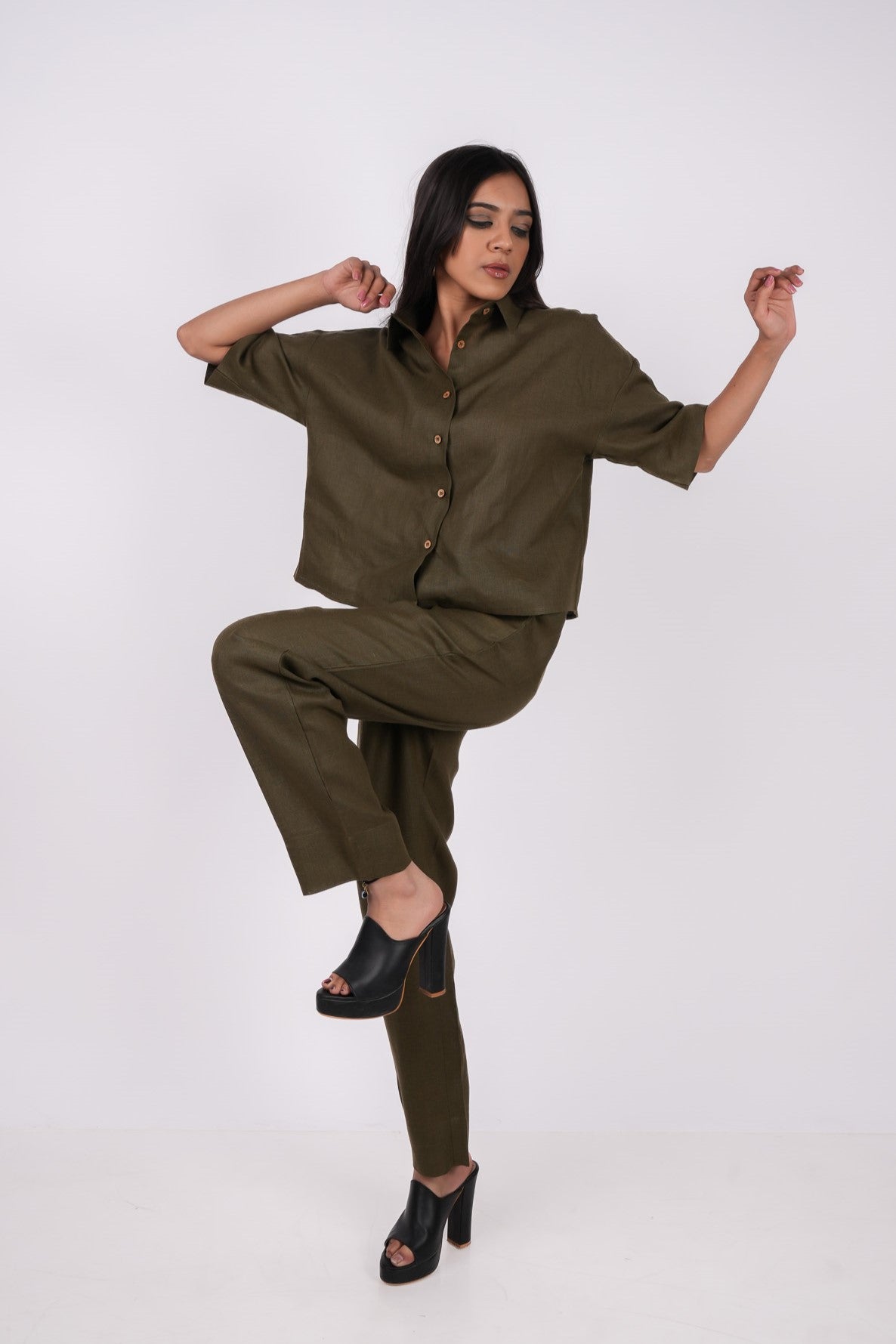 Forest Green Linen Co-Ord Set - Includes Pair of Pants and Half Sleeves Drooping Shoulder Shirt