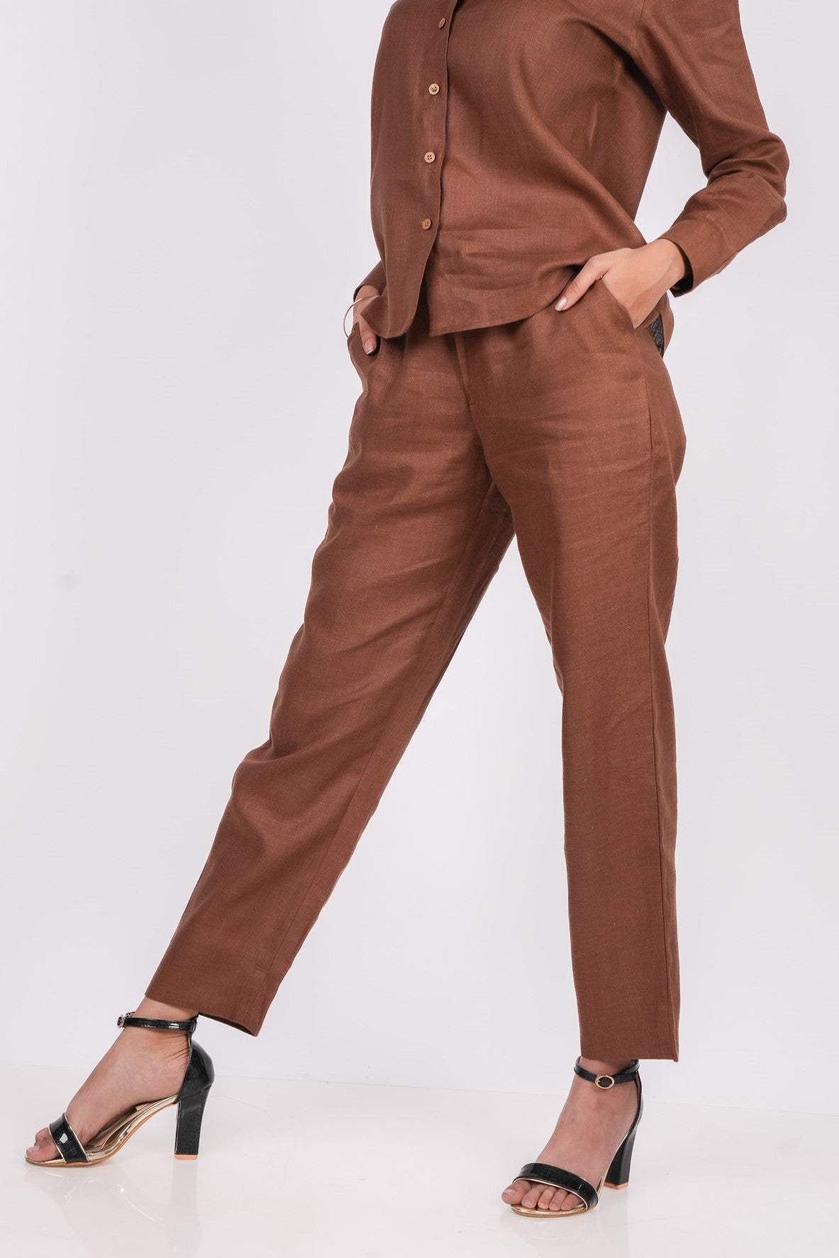 Mocha Brown Linen Co-Ord Set - Includes Pair of Pants and Full Sleeves Shirt