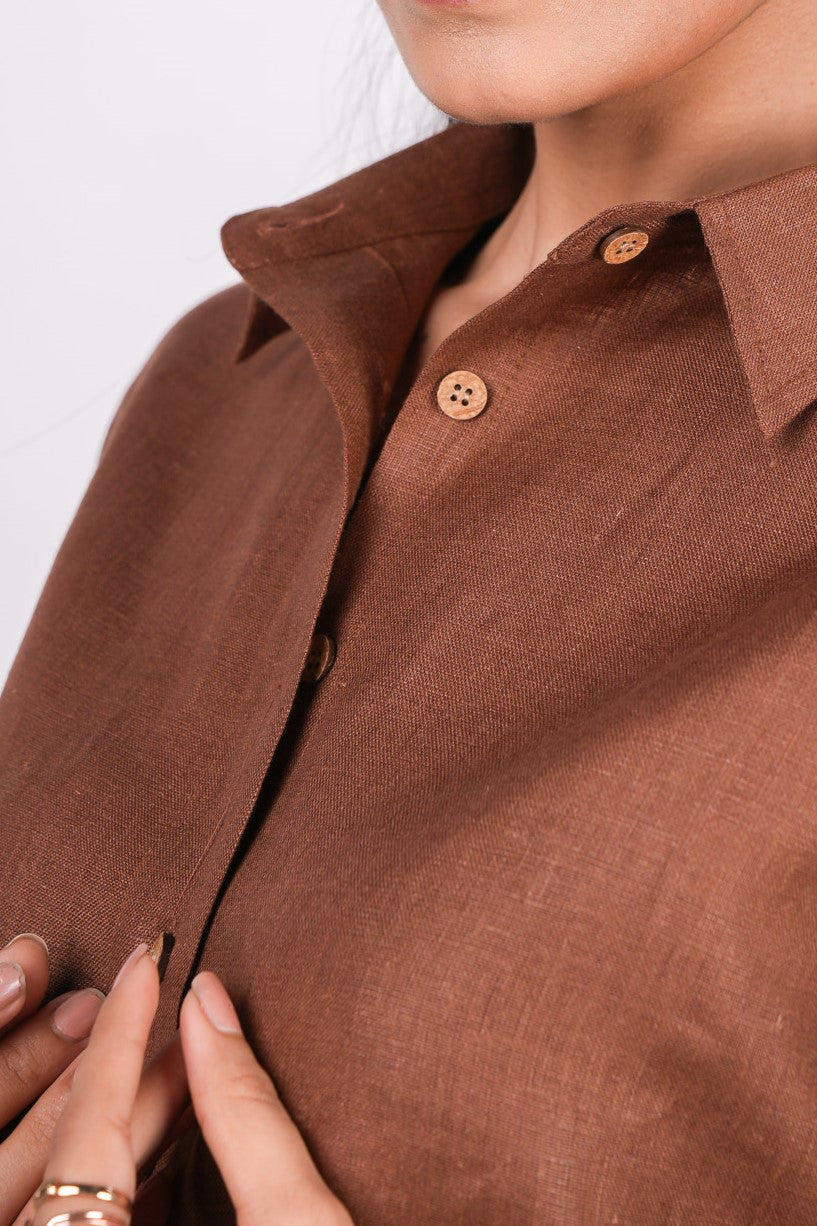 Mocha Brown Linen Co-Ord Set - Includes Pair of Pants and Half Sleeves Drooping Shoulder Shirt