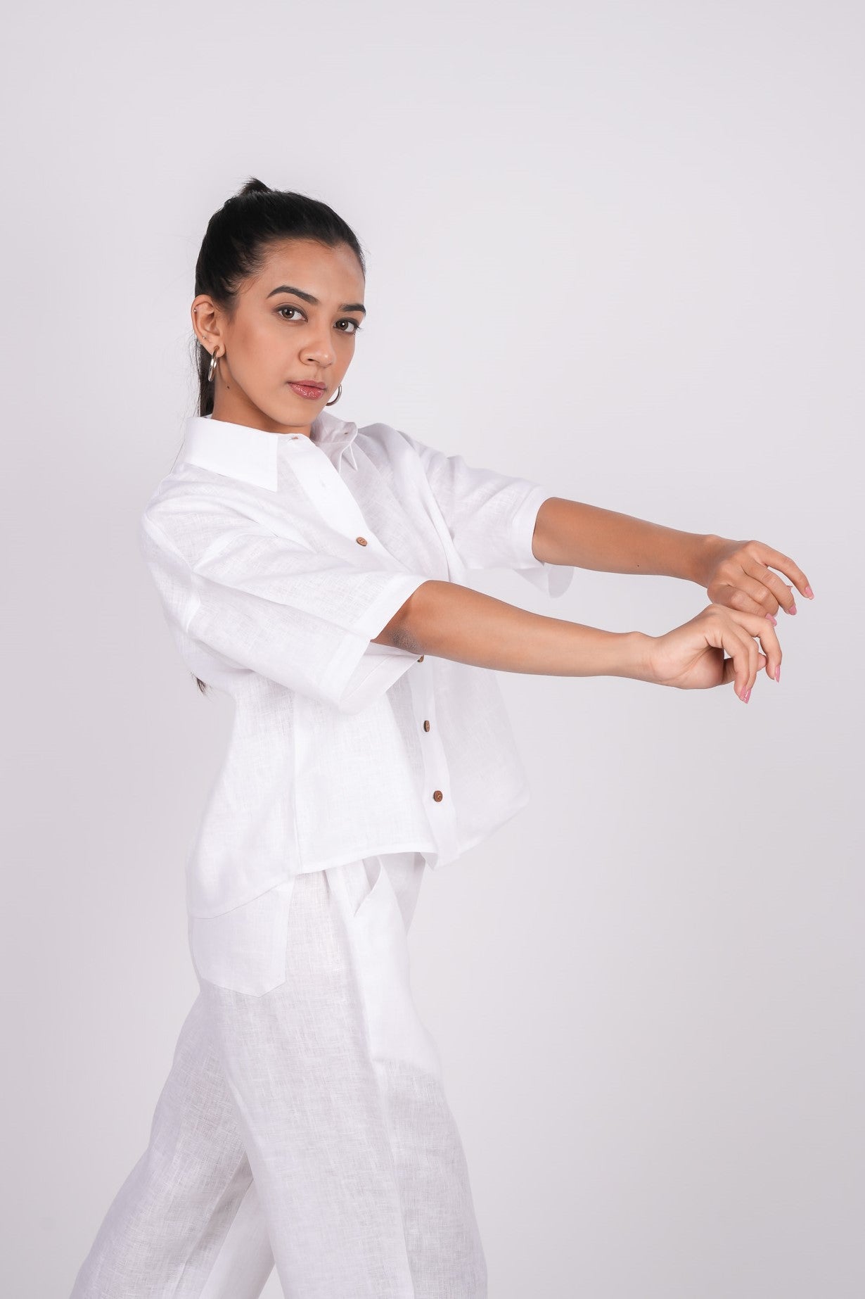 Pearl White Linen Co-Ord Set - Includes Pair of Pants and Half Sleeves Drooping Shoulder Shirt