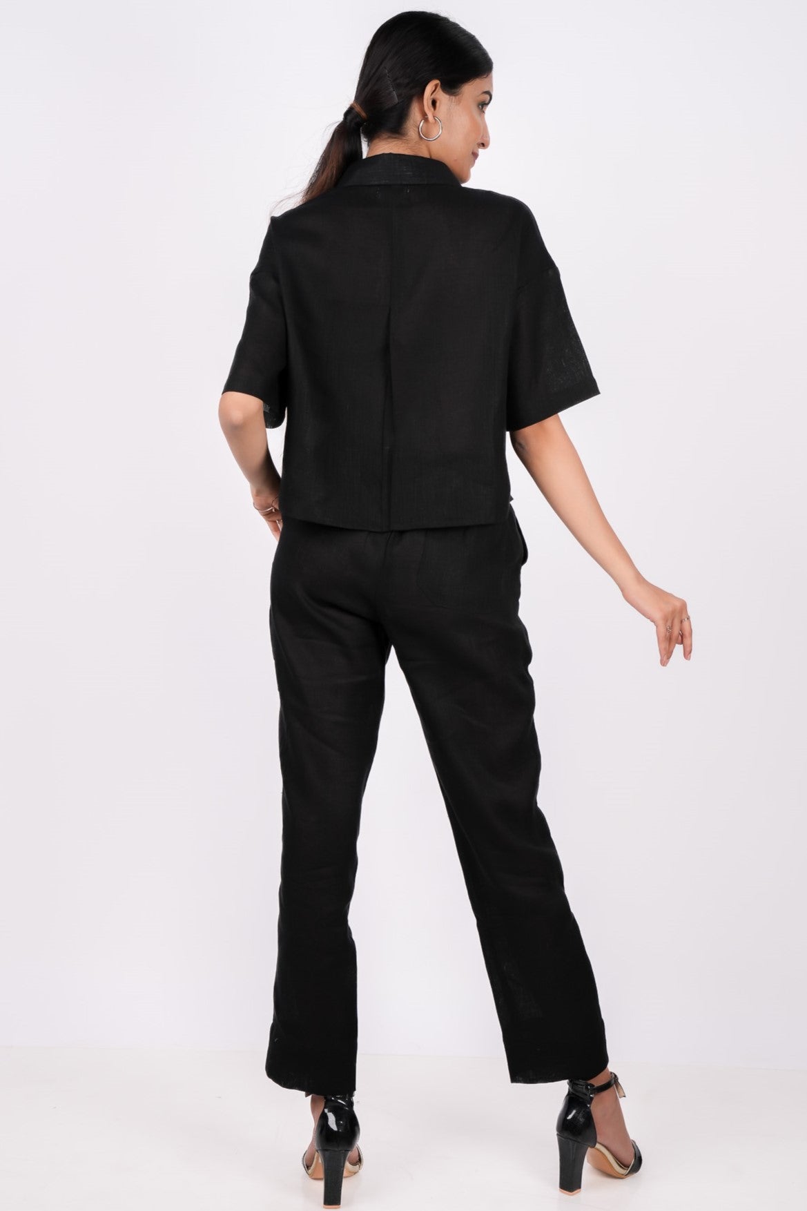 Midnight Black Linen Co-Ord Set - Includes Pair of Pants and Half Sleeves Drooping Shoulder Shirt