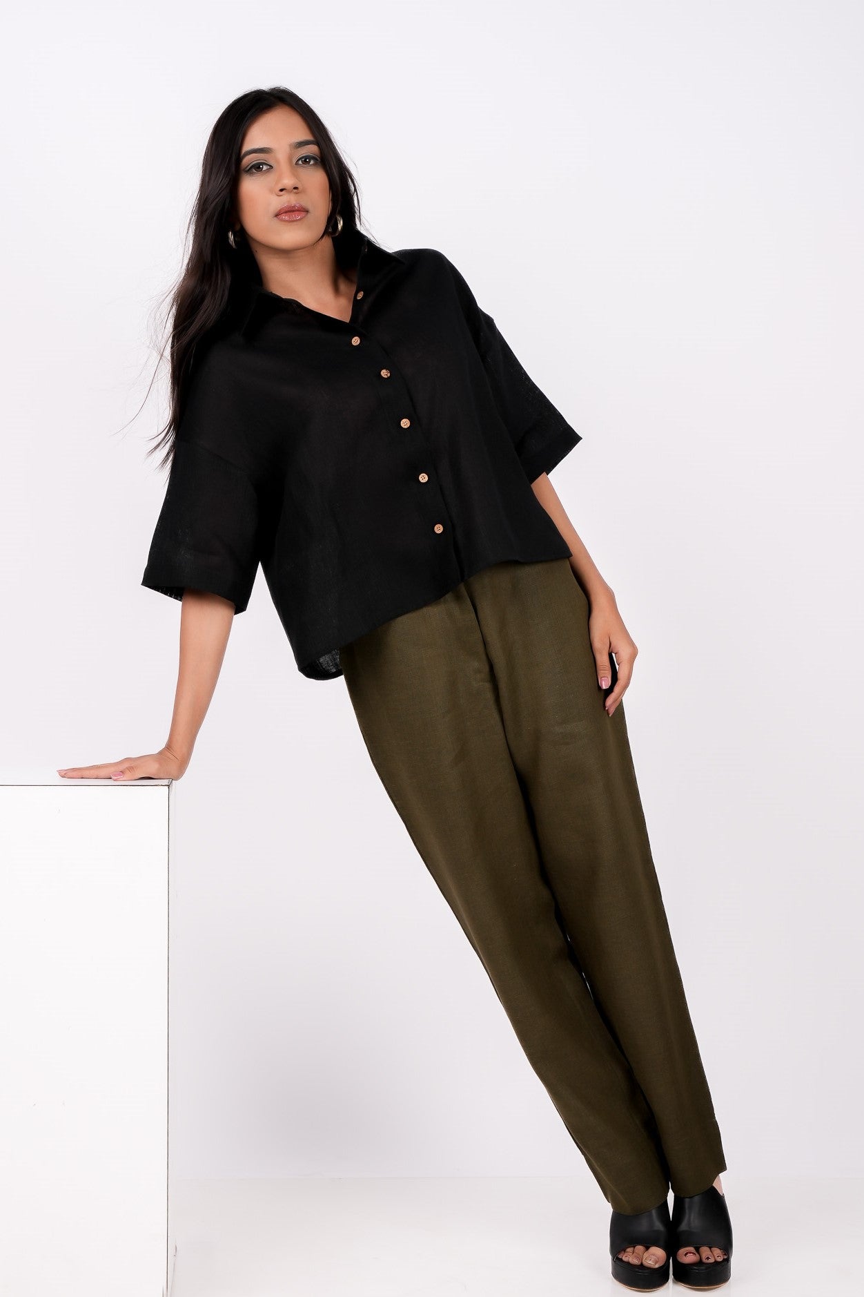 Midnight Black Linen Drooping Shoulder Shirt