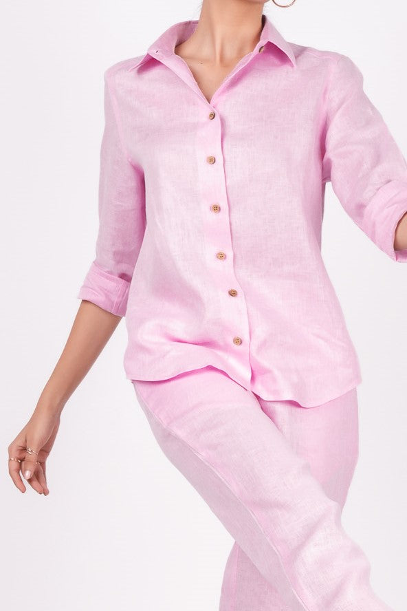 Baby pink linen co-ord set with pants and shirt for women | Full sleeves shirt with regular collar paired with pink pants | Wooden buttons | Pink co-ord set for women | Co-ord set for women | Office wear | Pink linen Set | Linen set for women | Linen Outfit | Linin | Linen clothes | Linen Outwear  | Close up picture 