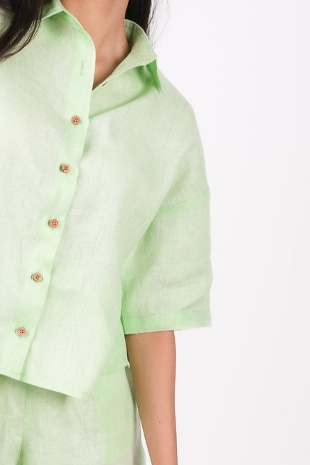 Kiwi Green Linen Co-Ord Set - Includes Pair of Shorts and Half Sleeves Drooping Shoulder Shirt