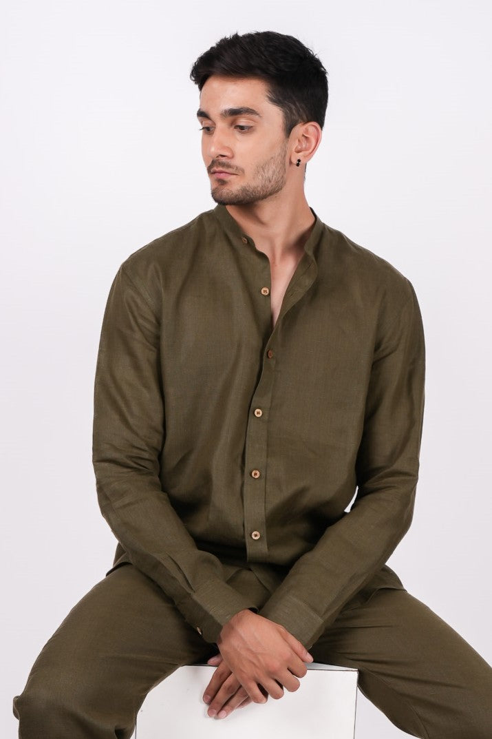 Forest Green Co-ord Set- Includes Pair of Pants and Chinese Collar shirt