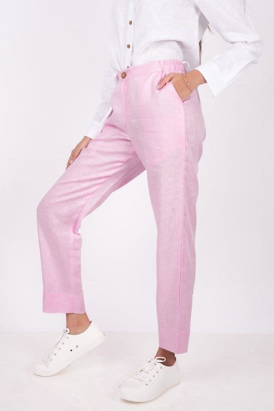  Baby Pink Linen Pants for women | Flat Front Linen Pants | Linen Pants with wooden button | Linen pants for women | Pink Linen Pants | Half elastic Linen pants | Pure Linen Pants | Comfortable Linen pants | Linen pants with pockets