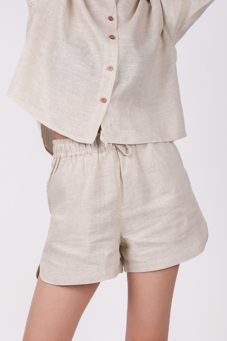 Earthy Natural Linen Co-Ord Set - Includes Pair of Shorts and Half Sleeves Drooping Shoulder Shirt