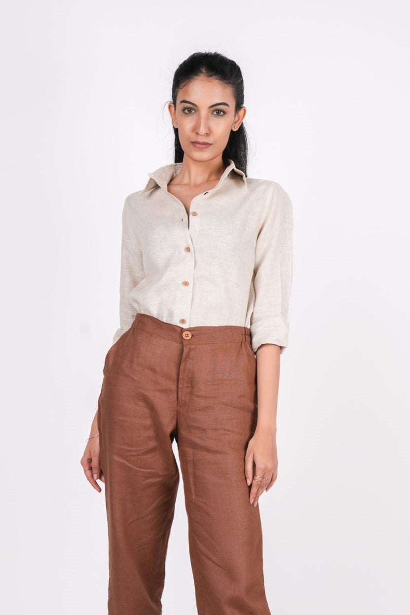 Earthy Natural Full Sleeves Spread Collar Linen Shirt