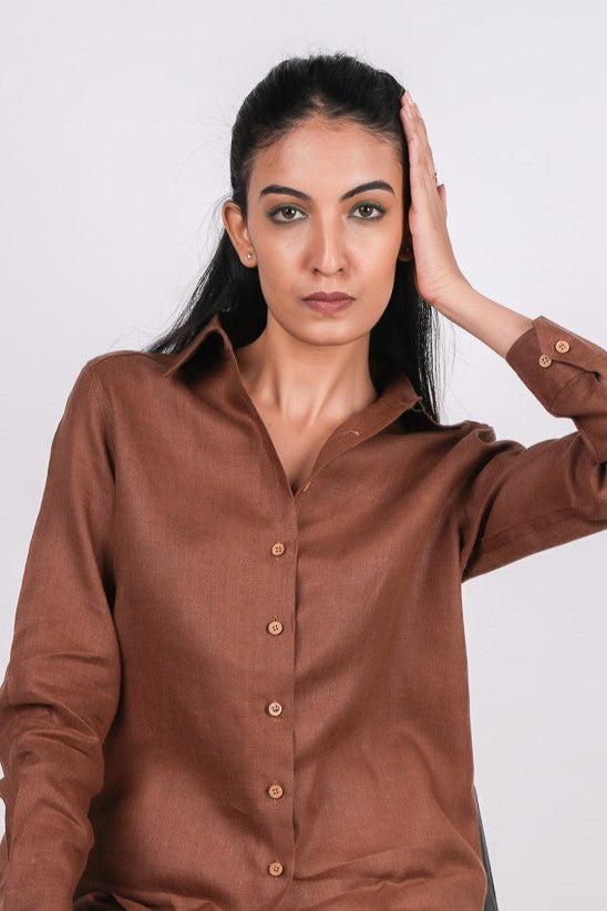 Mocha Brown Linen Co-Ord Set - Includes Pair of Pants and Full Sleeves Shirt