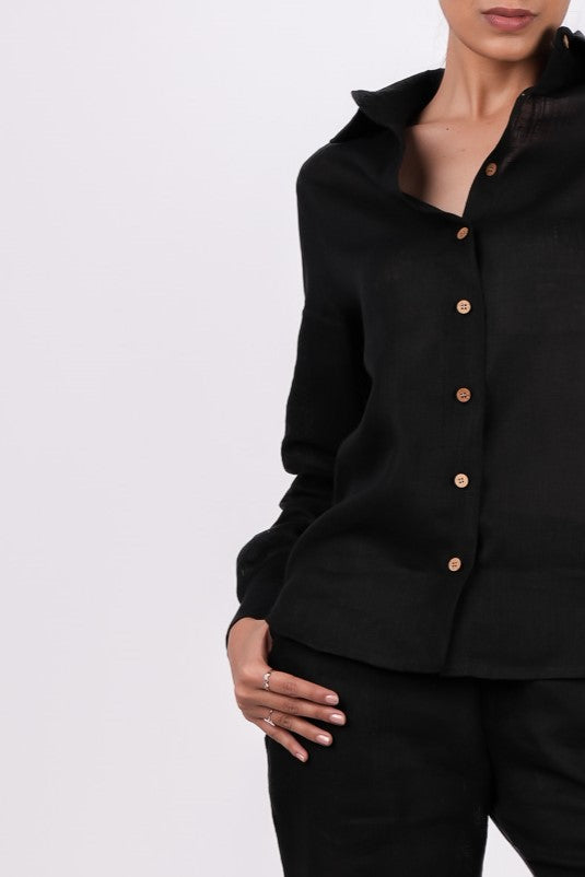 Midnight Black Full Sleeves Spread Collar Linen Shirt