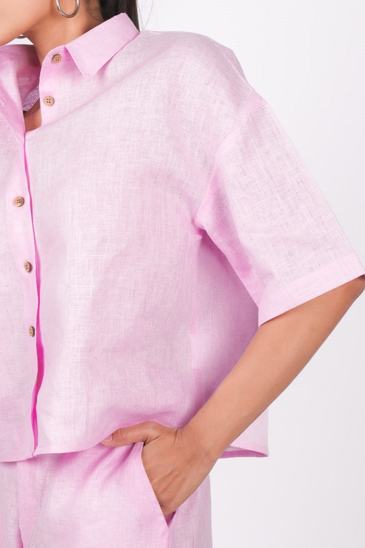 Baby pink linen co-ord set with pants and shirt for women | Half sleeves shirt with regular collar paired with pink pants | Wooden buttons | Pink co-ord set for women | Co-ord set for women | Office wear | Pink linen Set | Linen set for women | Linen Outfit | Linin | Linen clothes | Linen Outwear | Close Up shot