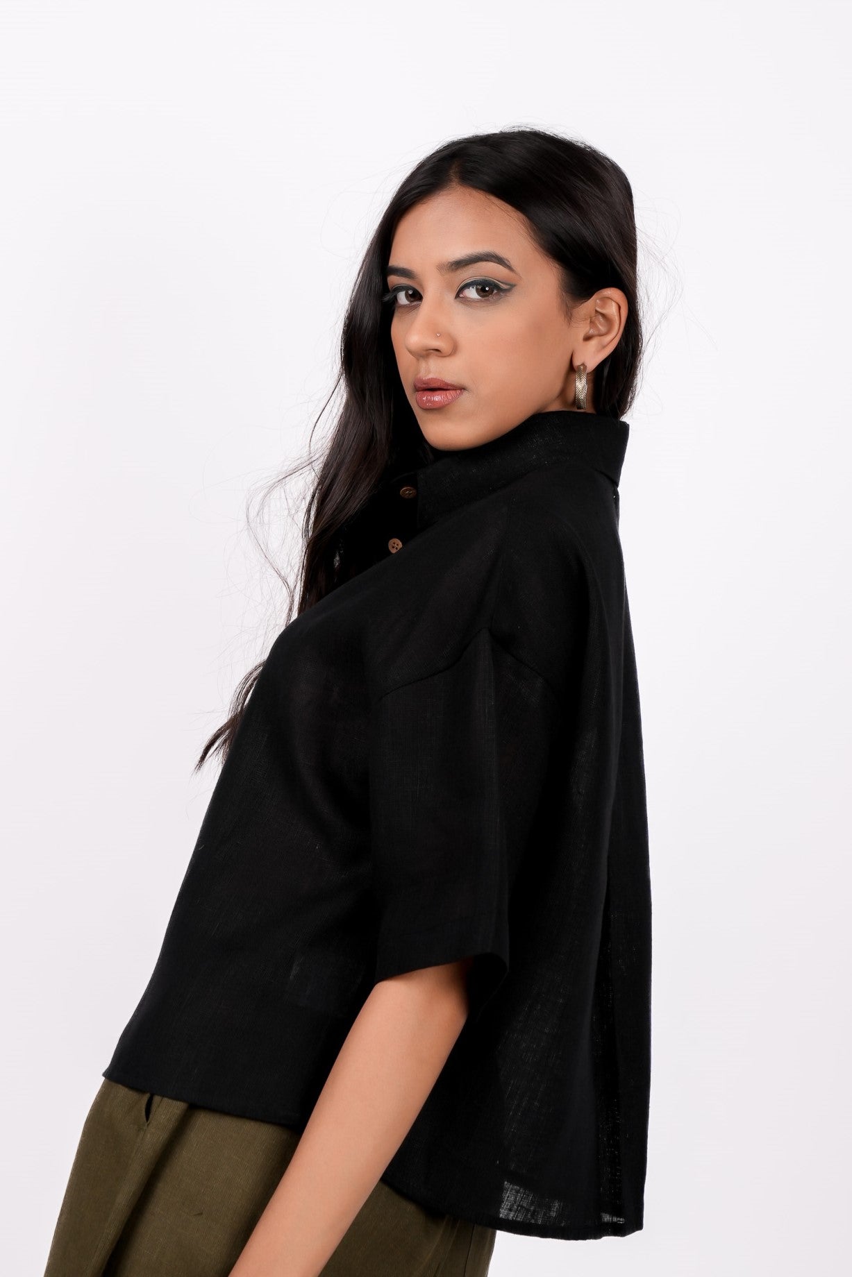 Midnight Black Linen Drooping Shoulder Shirt