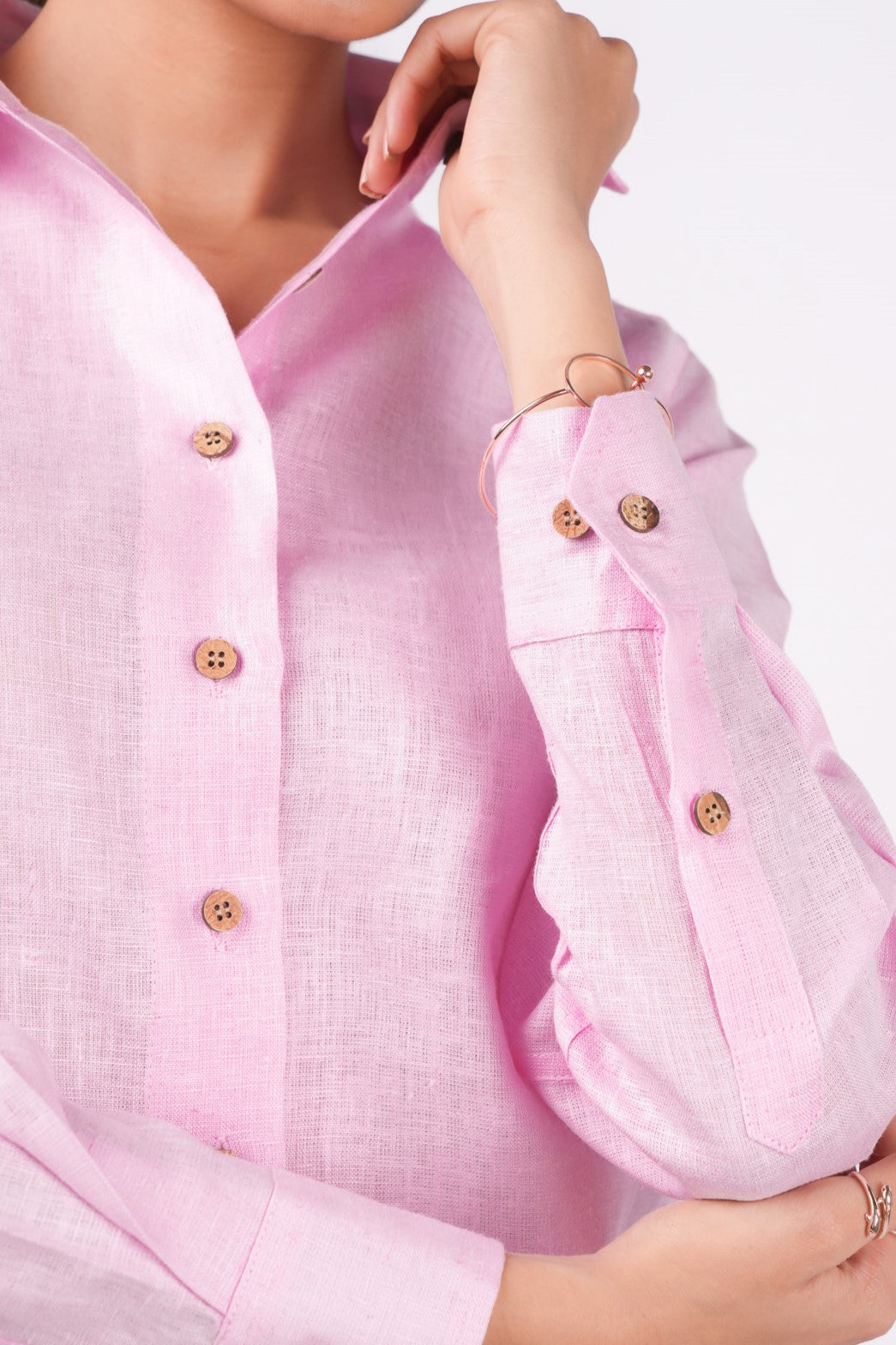 Baby Pink Linen Shirt | Regular Collar | Full Sleeves | Wooden Button | Pink Linen Shirt for Women | Linen Shirt for Women | Pink Shirt for Women | Pink Shirt with Full Sleeves | Linin | Linen Fabric | Pink Linen Fabric | Premium Linen | Pure Linen | Detail shot | Close up of the shirt | Cuff with buttons