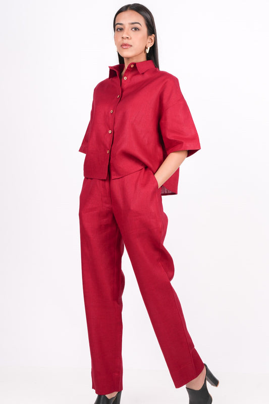 Cherry Red Linen Co-Ord Set, featuring a pair of pants and a half sleeves drooping shoulder shirt.