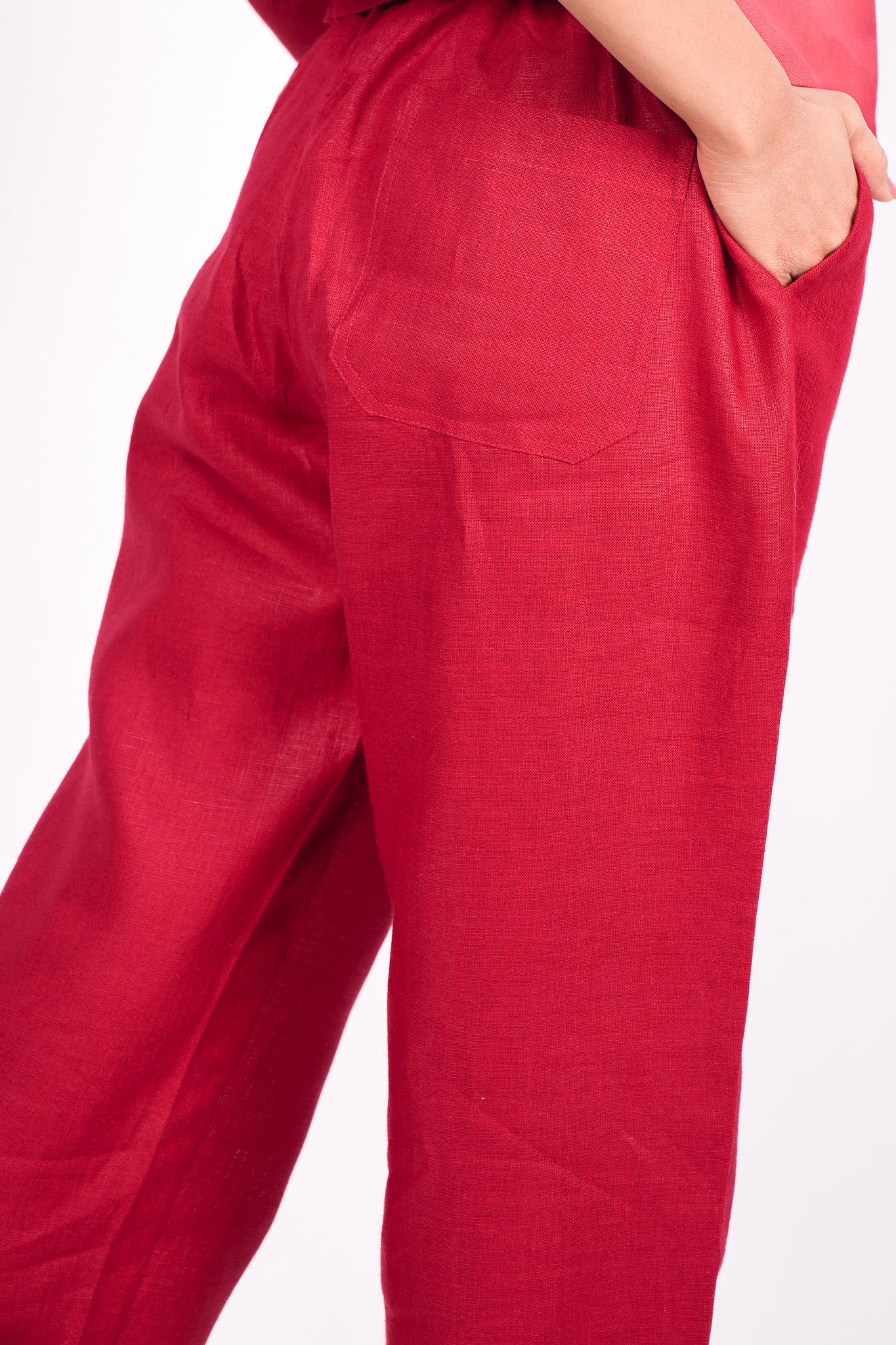 Cherry Red Linen Co-Ord Set - Includes Pair of Pants and Half Sleeves Drooping Shoulder Shirt