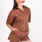 Mocha Brown Linen Co-Ord Set - Includes Pair of Shorts and Half Sleeves Drooping Shoulder Shirt