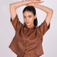 Mocha Brown Linen Co-Ord Set - Includes Pair of Shorts and Half Sleeves Drooping Shoulder Shirt