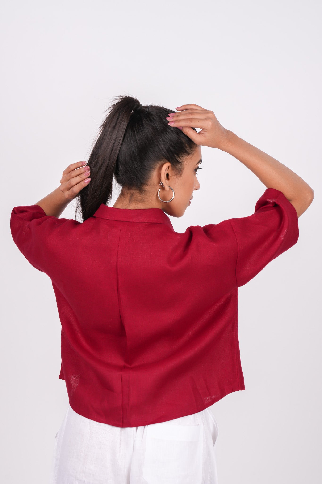 Cherry Red Linen Drooping Shoulder Shirt